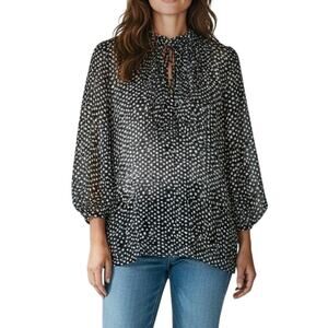 Lucky Brand Sheer Black White Polka Dot Blouse Size XL Ruffle Neckline Cuff